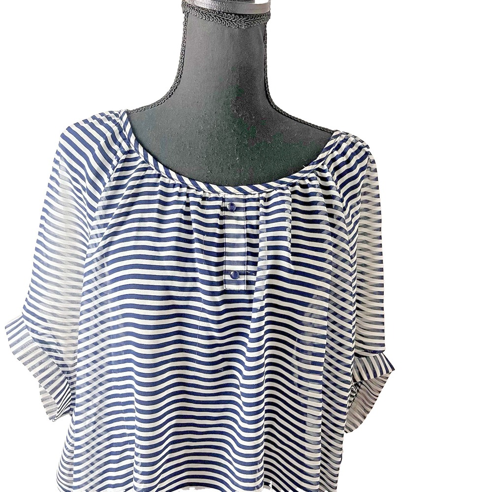 C.O.C. Womens 3XL Navy White Striped Short Sleeve High Low Chiffon Blouse Top